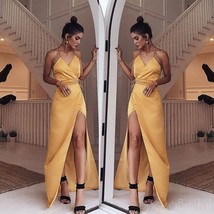 Charming V-neck Spaghetti Strap Yellow Long Prom Dresses Side-slit Gala ... - £108.41 GBP