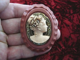 (CL21-18) Woman Crown Of Flowers Red Ivory Cameo Pin Pendant Jewelry Necklace - £29.85 GBP