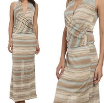 Tommy Bahama Forestay Maxi Dress Viscose Linen Blend Tan Blue Gold Strip... - £34.06 GBP