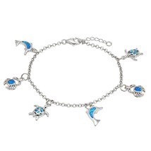 Sterling Silver Blue Inlay Opal Hanging Sea-Life Charms Bracelet - £82.65 GBP