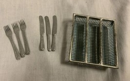 1950s Vintage German Plastic Dollhouse Cutlery in Tin Wire Basket Doll Size - $8.06
