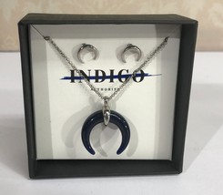 Indigo Authority Crescent Horn Necklace &amp; Pierced Earrings 22&quot; Inner Peace - £13.68 GBP