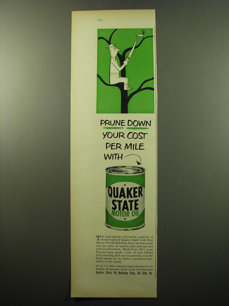 Primary image for 1950 Quaker State Motor Oil Ad - Prune down your cost per mile
