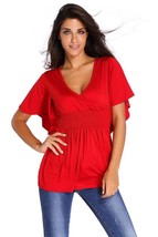 Red V-Neck Short Batwing Sleeve High Elastic Waist Blouse Size S - £8.64 GBP