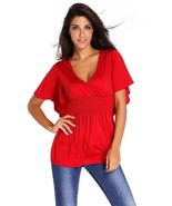 Red V-Neck Short Batwing Sleeve High Elastic Waist Blouse Size S - $208.69 MXN