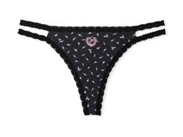 Victorias Secret Pink Wink LACE-TRIM Strappy Thong Panty Bnwt $15 Small Black - £10.08 GBP