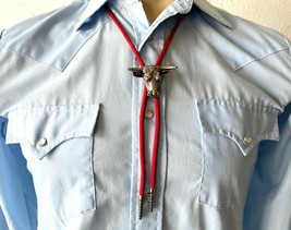 Vintage Men&#39;s Western Bolo Tie-Heavy Silver Tone Steer Head +Tips 34.5&quot; Red Cord - £30.26 GBP