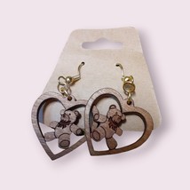 Wooden Teddy Bear Heart Dangle Earrings - £6.28 GBP