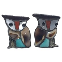 Vtg Zuni Native American Sterling Silver Multi Stone OWL Inlay Earring Studs - £59.95 GBP