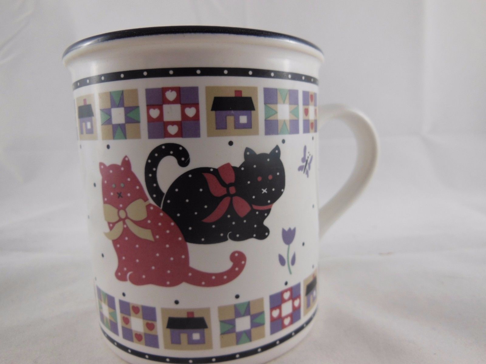 Primary image for Vintage  Cat Coffee Mug Cup Colorful 2 cats , Houses, flowers Made in Korea GHC