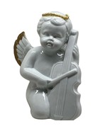 Vintage Guardian Angel Figurine Ceramic Glazed White Gold Accent Playing... - $8.90