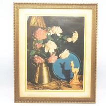 Still Life Floral Vase Baby Deer Lithograph Print Framed - £30.03 GBP