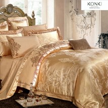 100% Cotton Luxury European Satin Jacquard 4pcs Duvet Cover Set Bedding Set Gold - £137.99 GBP