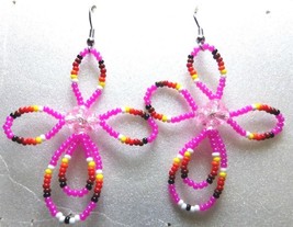 Native American Glass Beaded CROSS Dangle Earrings Hoop HOT PINK Seminol... - $24.99