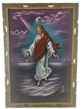 Vintage Jesus Christ Walking On Water Black Velvet Painting 39&quot; X 27&quot; Religious - £178.72 GBP