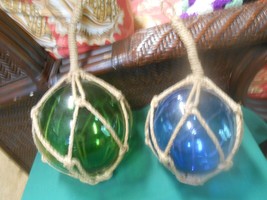 Collectible Blown Glass RED and GREEN Balls in Rope Hangers..each 6&#39; dia... - $35.23