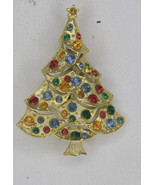 Vintage Gold Tone And Rhinestone Christmas Tree Brooch Pin Costume Jewelry - £18.72 GBP