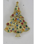 Vintage Gold Tone And Rhinestone Christmas Tree Brooch Pin Costume Jewelry - £17.12 GBP