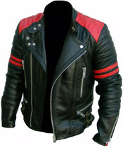 Men&#39;s Biker style Motorcycle Red And Black Striped Leather Jacket - £44.91 GBP+