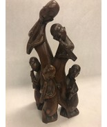 Wood carving sculpture African family playing flute music one piece 12 b... - £27.37 GBP