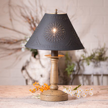 Bedside Table Lamp &amp; Punched Tin Shade - Distressed Pearwood Yellow Finish Usa - £165.82 GBP