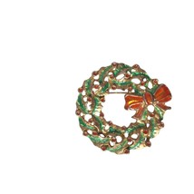 Vintage Gold Tone Green Enamel Christmas Wreath Brooch Rhinestones Jewelry - $21.78