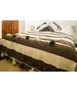 White Dark Gray blanket with pom poms | Moroccan blanket, handwoven thro... - $149.00
