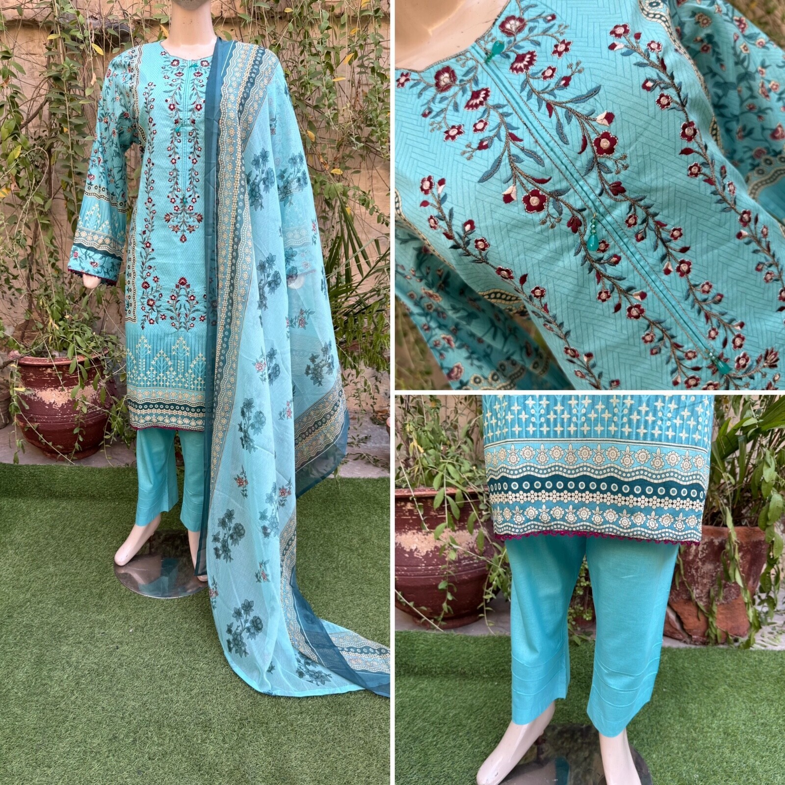 Pakistani Sky Blue Printed Straight Shirt 3-PCS Lawn Suit w/ Thread work... - $56.43