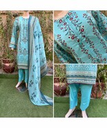 Pakistani Sky Blue Printed Straight Shirt 3-PCS Lawn Suit w/ Thread work... - $56.43