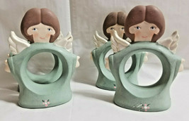 4 Christmas Holiday Country Angels Napkin Rings Teal Ceramic 3.5&quot; Tall - £19.95 GBP