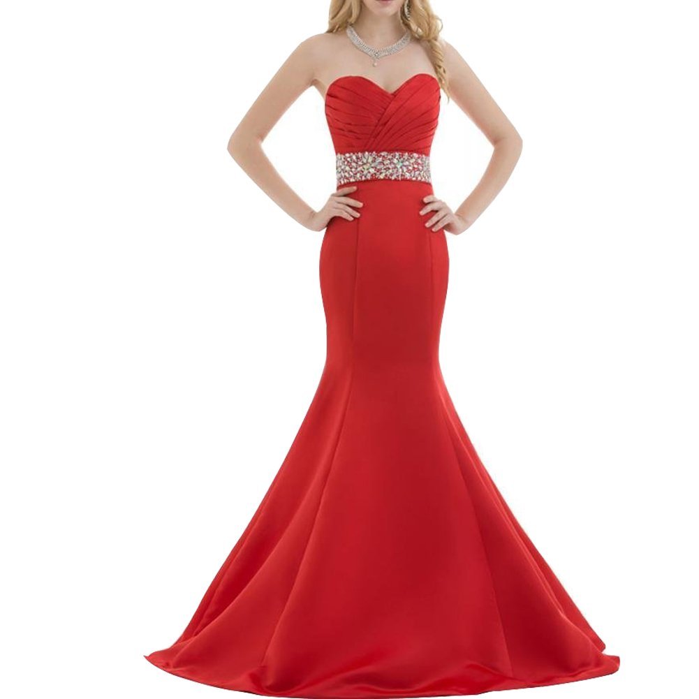 Kivary Red Satin Mermaid Crystals Sweetheart Long Formal Prom Evening Dresses US
