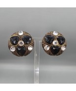 Vintage Clip On Earrings Button Acrylic Black Hearts Brass Tone Kitsch C... - €11,28 EUR