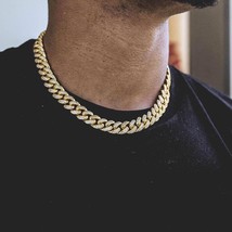 14K YG Finish Cuban Diamonds Link Chain Iced Out Crystals Choker Necklace - $280.49