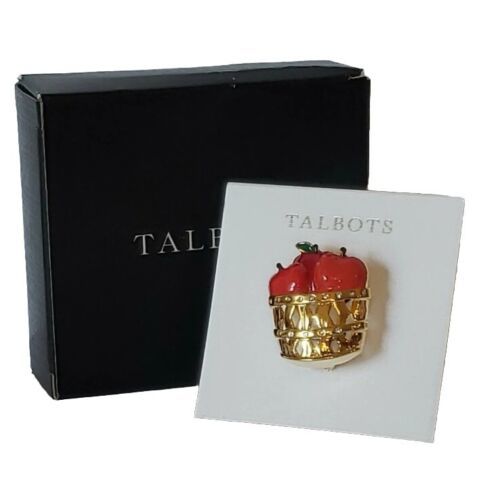 Talbots Basket Of Apples Brooch Red Enameled Gold Tone Pin Rhinestone Jewelry - $34.90