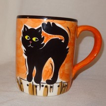 Black Cat Halloween Coffee Mug 12 oz Cup Bico Intl Fence Orange Fall Autumn  - £11.81 GBP