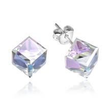 Lt.Pink Crystal Prism Cube (Crystal VL) .925 Silver Post  Earrings - £14.00 GBP