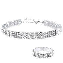 Zealmer Women White Gold Plated 3 Rows Rhinestone Choker Necklace &amp; Bracelets S - $41.57