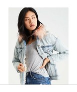 American Eagle Faux Fur Collar Sherpa Lined Denim Jacket Medium - $64.86 CAD