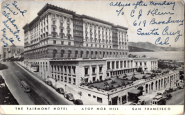 Vtg Postcard The Fairmont Hotel ~ Atop Nob Hill ~ San Francisco, CA, PM 1919 - £6.17 GBP