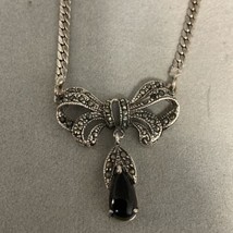 Sterling Onyx and Marcasite Bowtie Pendant &amp; 15” 925 Chain Necklace - £19.35 GBP