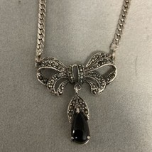 Sterling Onyx and Marcasite Bowtie Pendant &amp; 15” 925 Chain Necklace - $24.70