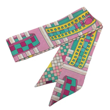 Unique Printed Skinny Twilly Scarf Pink Green - £13.98 GBP