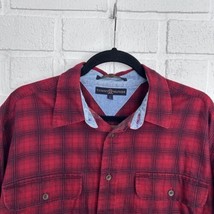 Vintage Tommy Hilfiger Flannel Shirt Red Black Denim Lined Collar Mens L... - $19.59