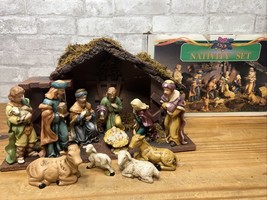Vintage Nativity Set 12pc Porcelain Figurines Animals Manger Stable Ceramic Wood - £69.39 GBP