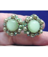 (VE-1) Vintage Green Moon glass + pearls + Austrian crystal clip on earr... - £22.64 GBP