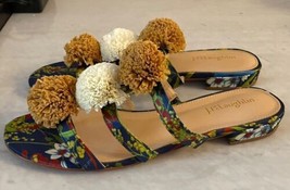 J. McLaughlin Mandy Floral Pom Pom Sandals Slides Size 8 Leather Blue Raffia - £29.09 GBP