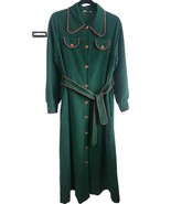 70’s Green Long Sleeve Velvet Button Up Day Dress with Red Thread and Bu... - $28.00