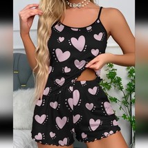 Black and Pink Heart Print Pajama Set Sleeveless Stretch Size M - £19.19 GBP
