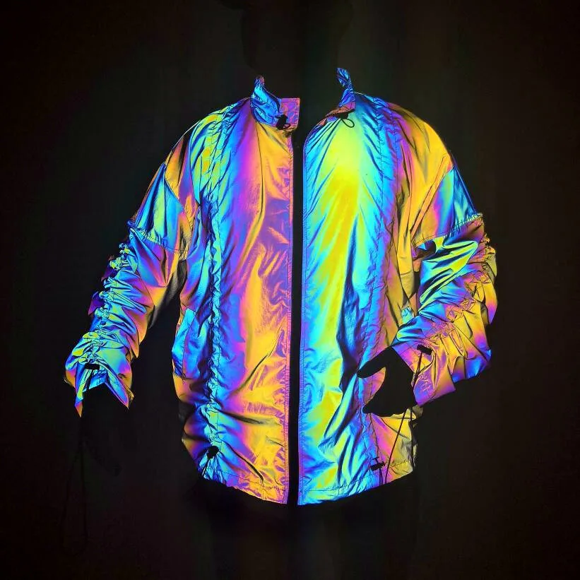  New Men Spring  Colorful Reflective Stand-up Collar Jacket Drawstring Pleated H - £349.33 GBP