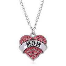 New MOM Necklace Pink Australian Crystal Heart Charm Necklace Engraved Silver Pl - £15.53 GBP